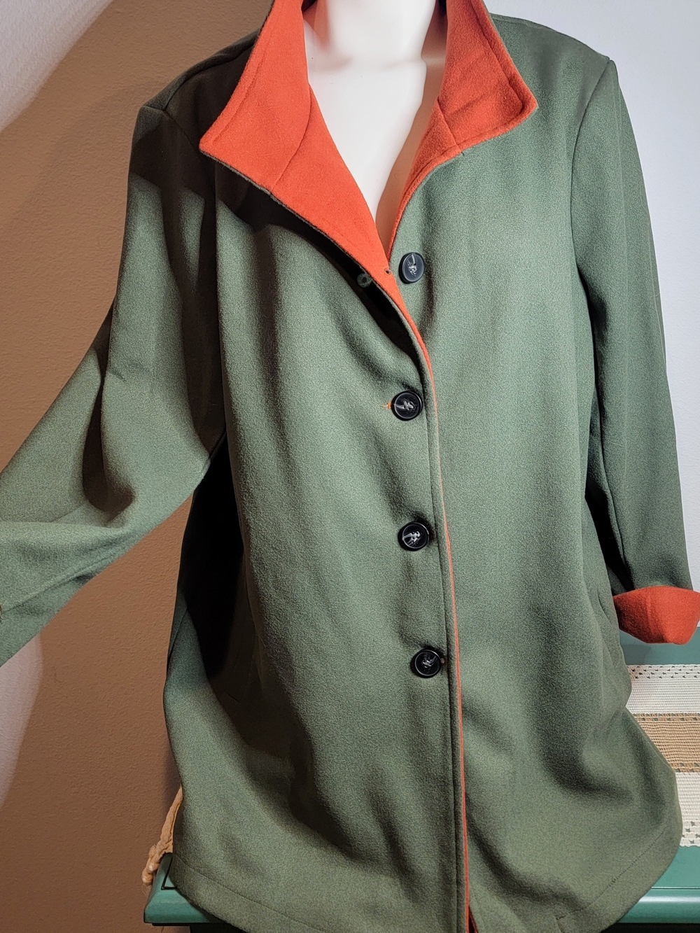 NORACORA Jacket Womens 2XL Green Orange Solid Button Front Collared Pockets